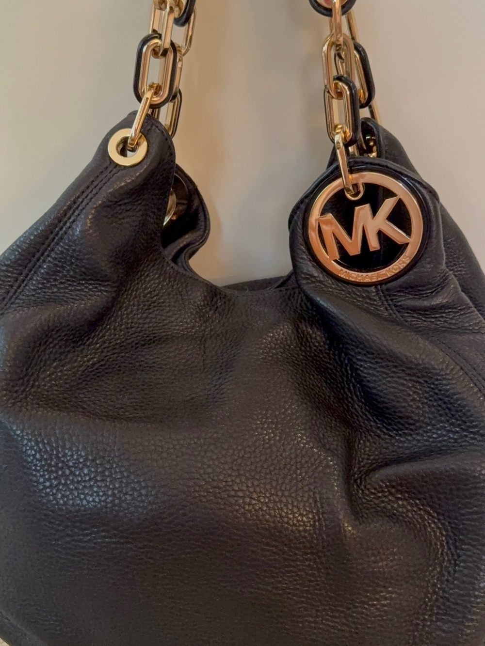 Michael Kors Black Pebbled Leather Shoulder Bag with Gold MK Charm